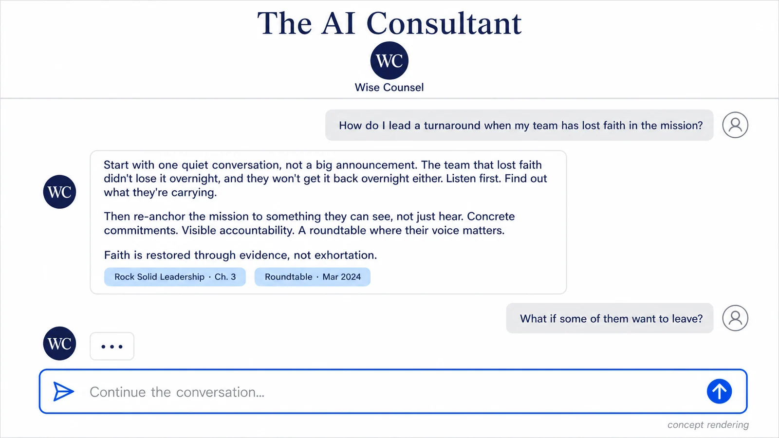 Concept rendering of the Waise Consultant — a focused chat interface answering a leadership question with citations to John's library.