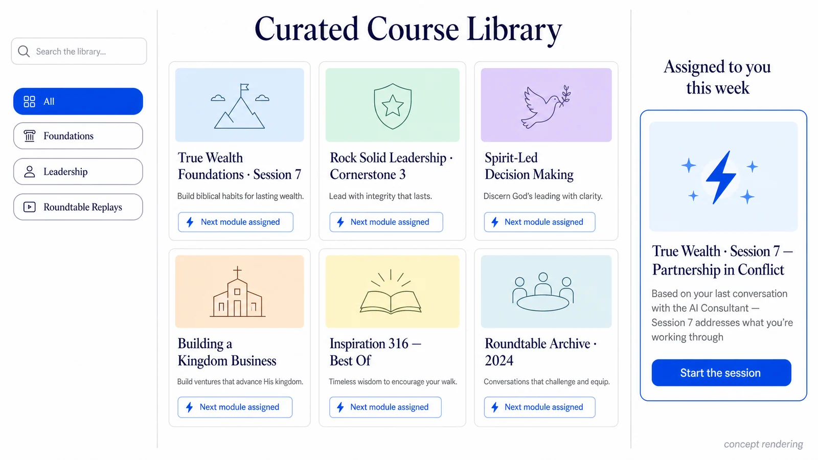 Concept rendering of the Course Library — a grid of curated courses with filter sidebar and search.