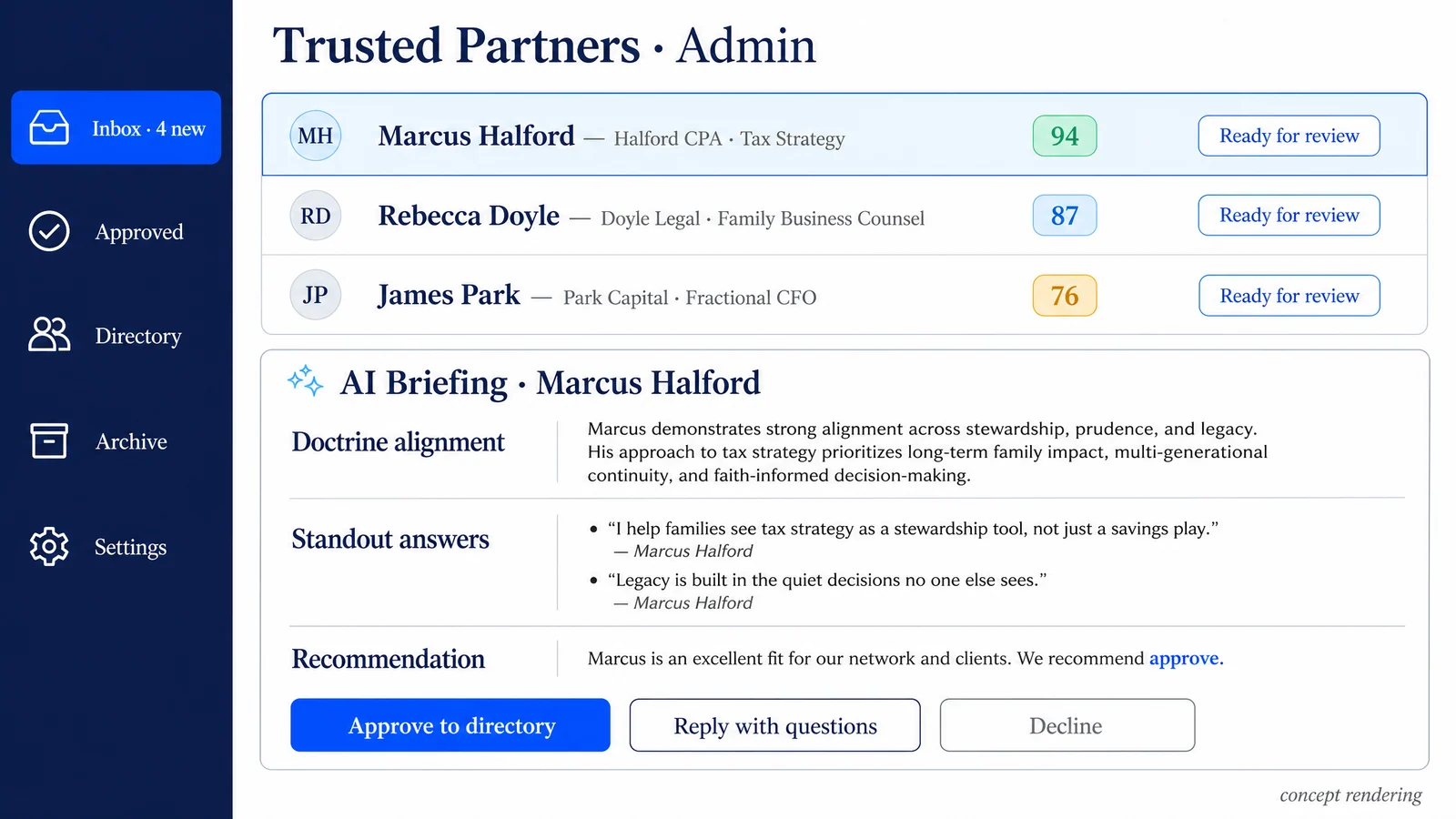 Concept rendering of the Trusted Partners Directory — a vetted grid of partner firms with Cenac Enterprises marked as the exclusive AI Implementation Partner.