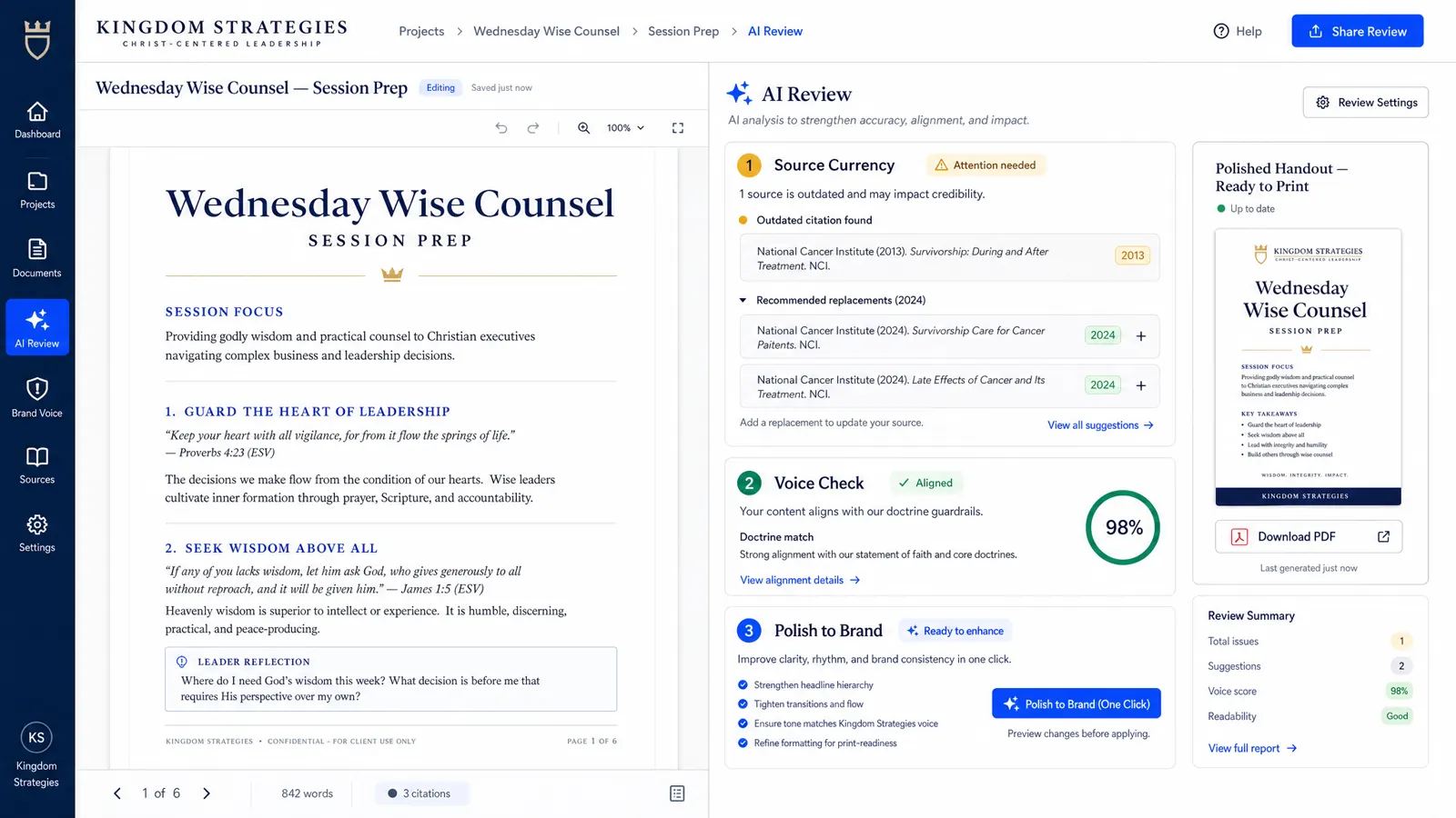 Concept rendering of the Convener's Copilot interface — a session handout in review, with the AI flagging an outdated 2013 source and recommending two newer 2024 NCI studies, plus a one-click polish-to-brand action.